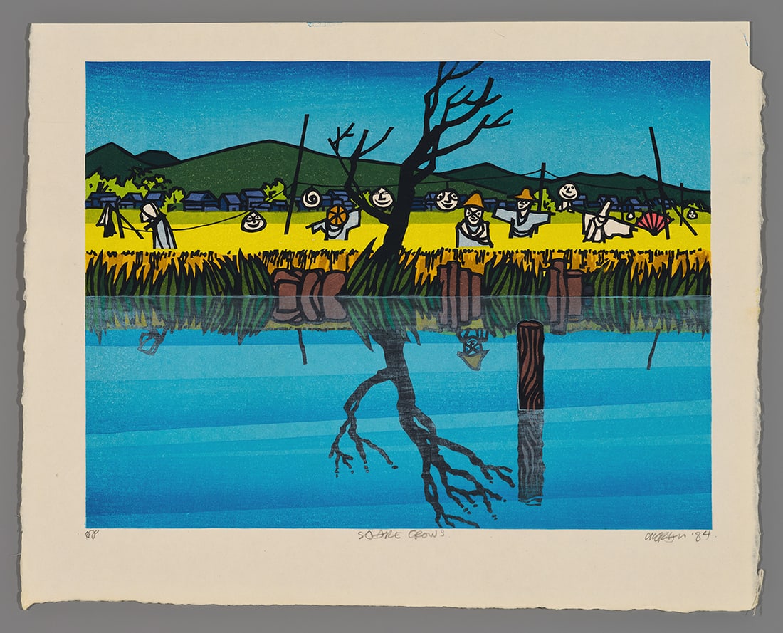 Clifton Karhu Woodblock - Scarecrows: Artist: Karhu, Clifton, 1927-2007 Title: Scarecrows Edition: AP Date: 1984 Medium: Japanese woodblock print Image Size: 12 x 16 inches Sheet Size: 15 x 1