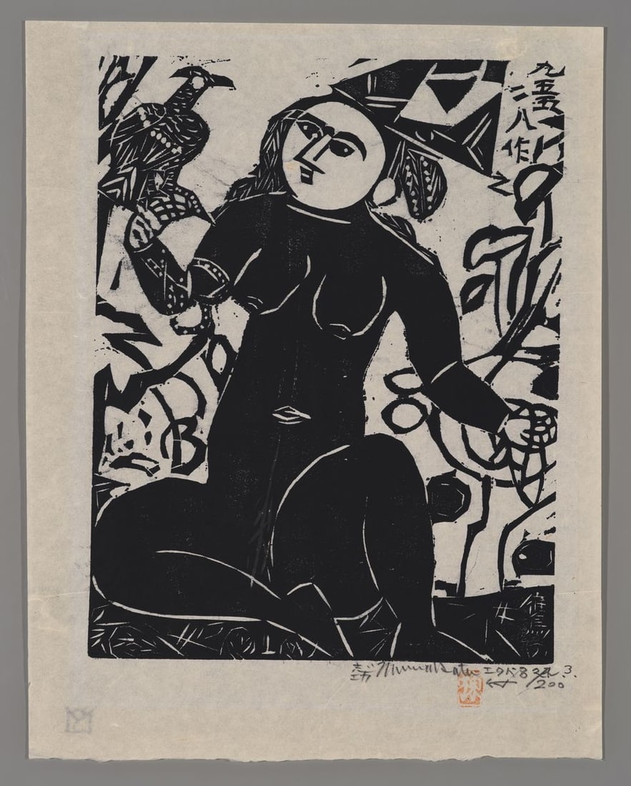 Shiko Munakata Woodblock - Hawk Woman (1 of 2)