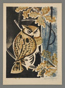 Jun'ichiro Sekino Woodblock - Owl and Oak Leaves