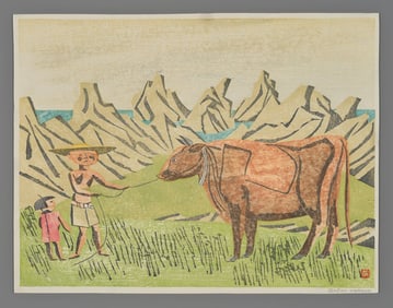 Maekawa Sempan Woodblock - Red Cow at Sunrise