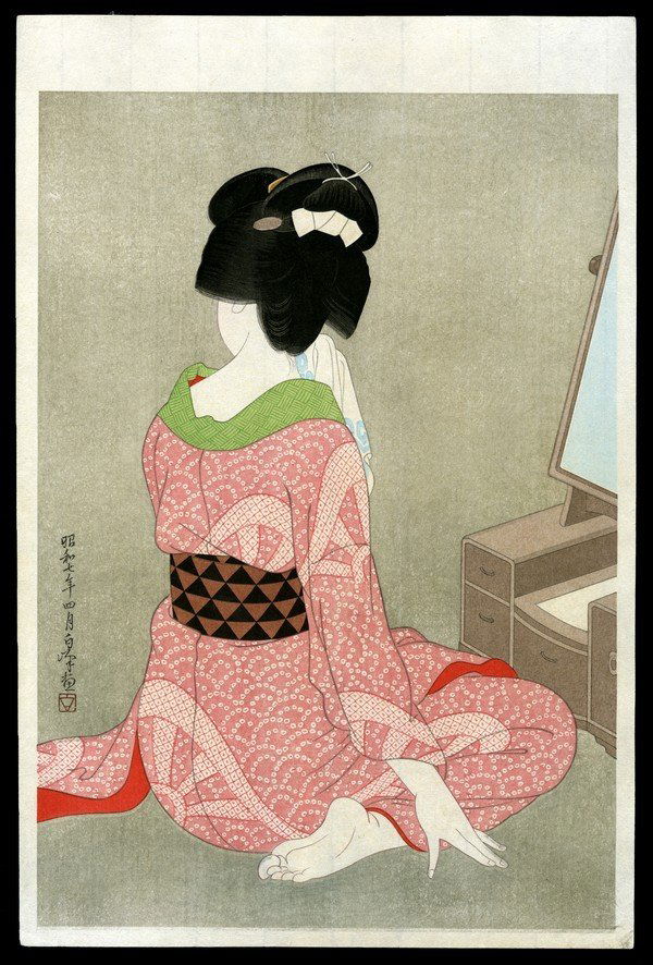 Hirano Hakuho Woodblock: Title: Before the Mirror Artist: Hakuho, Hirano, 1879-1957Date: 1932Medium: woodblockDimensions: 14 1/2 x 10