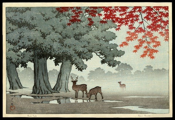 Kawase Hasui Woodblock: Title: Nara Park Artist: Hasui, Kawase, 1883-1957 Date: 1952 Medium: woodblock Dimensions: 9 1/2 x 14 3/8 inches