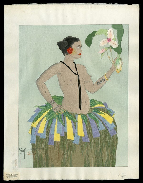 Paul Jacoulet Woodblock: Title: Belle De Yap Et Orchidees. Ouest Carolines Artist: Jacoulet, Paul, 1902-1960 Series: Kanji Editon of 150 Date: 1934