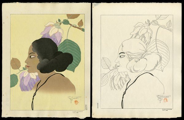 Paul Jacoulet Woodblock: Title: Fleurs Violettes. Tomil, Yap and Keyblock Outline Artist: Jacoulet, Paul, 1902-1960 Edition: Kanji Edition of 150 Date: 1937