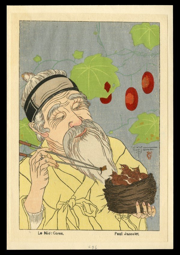 Paul Jacoulet Woodblock: Title: Le Nid, Coree Surimono Artist: Jacoulet, Paul, 1902-1960 Date: undated Medium: woodblock Dimensions: 5 3/