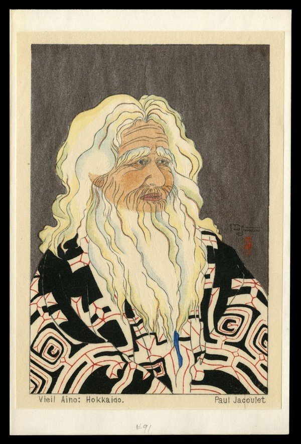 Paul Jacoulet Woodblock: Title: Vieil Aino, Hokkaido Surimono Artist: Jacoulet, Paul, 1902-1960 Date: undated Medium: woodblock Dimensions: