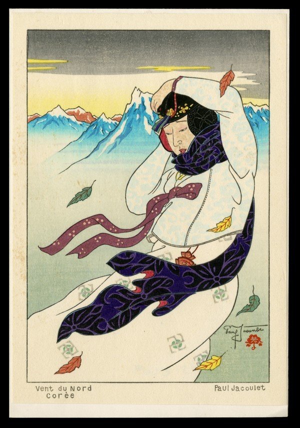 Paul Jacoulet Woodblock: Title: Vent du Nord. Coree Surimono Artist: Jacoulet, Paul, 1902-1960 Date: undated Medium: woodblock Dimensions: