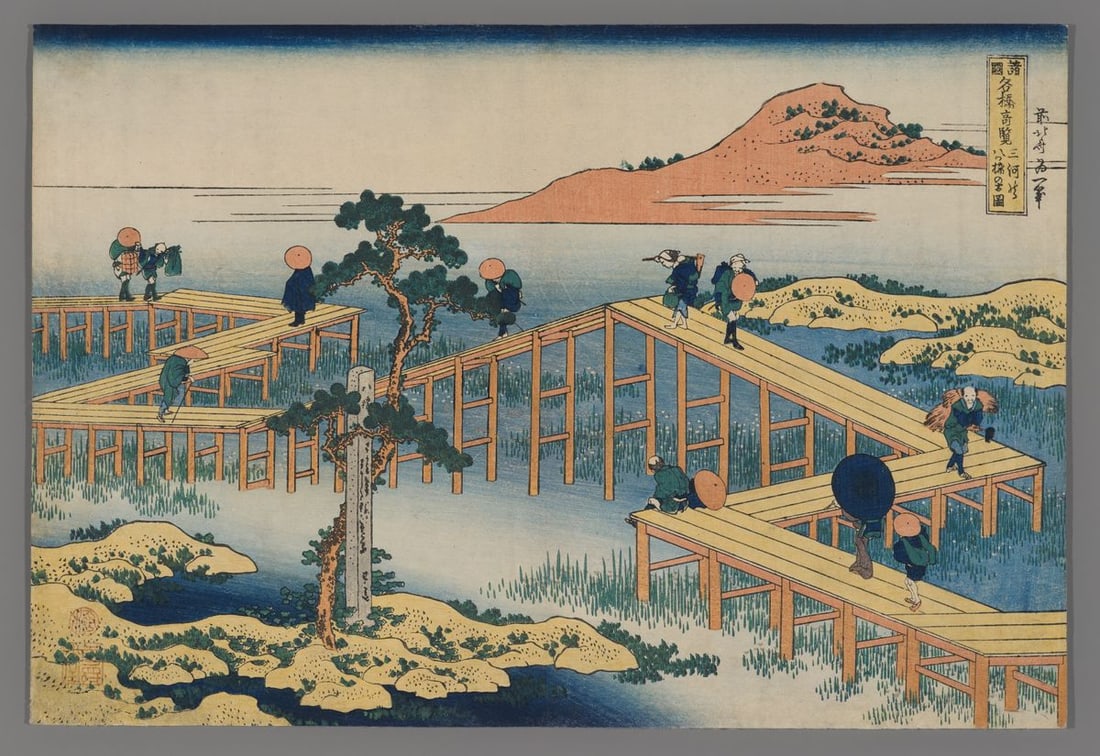 Katsushika Hokusai Woodblock - Old View of the Eight-part Bridge at Yatsuhashi in Mikawa Province (1 of 2)