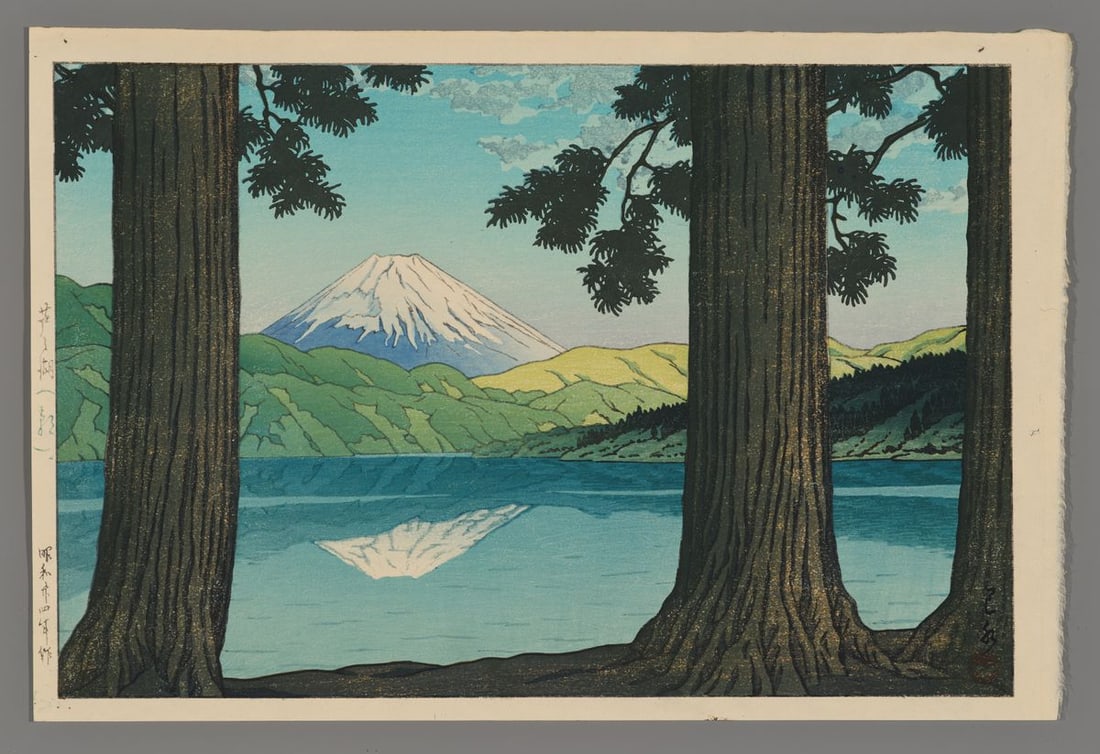 Kawase Hasui Woodblock - Winter at Lake Ashino: Artist: Hasui, Kawase, 1883-1957 Title: Winter at Lake Ashino Date: 1949 Medium: Japanese woodblock print Image Size: 9 5/8 x 14 3/8 inches Illustrated: Hasui, pl. 521<