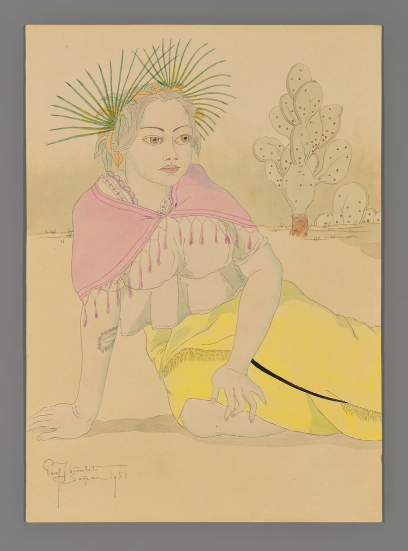 Paul Jacoulet Watercolor And Color Pencil - Jeune Femme de Saipan Assise Sur le Sable Devant des: Artist: Jacoulet, Paul, 1902-1960 Title: Jeune Femme de Saipan Assise Sur le Sable Devant des Cactus, Marianne Date: 1931 Medium: watercolor and color pencil Image Size: 14 1/4 x 10 1