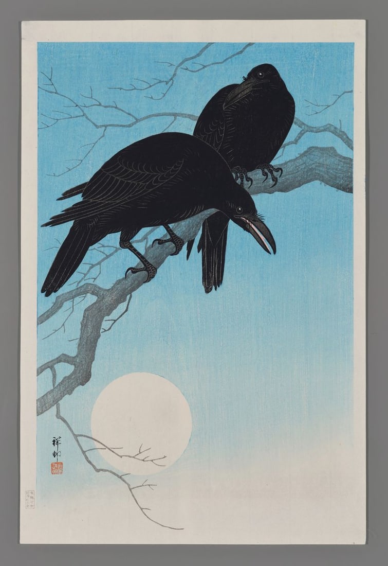 Ohara Shoson Woodblock - Crows in Moonlight (1 of 2)