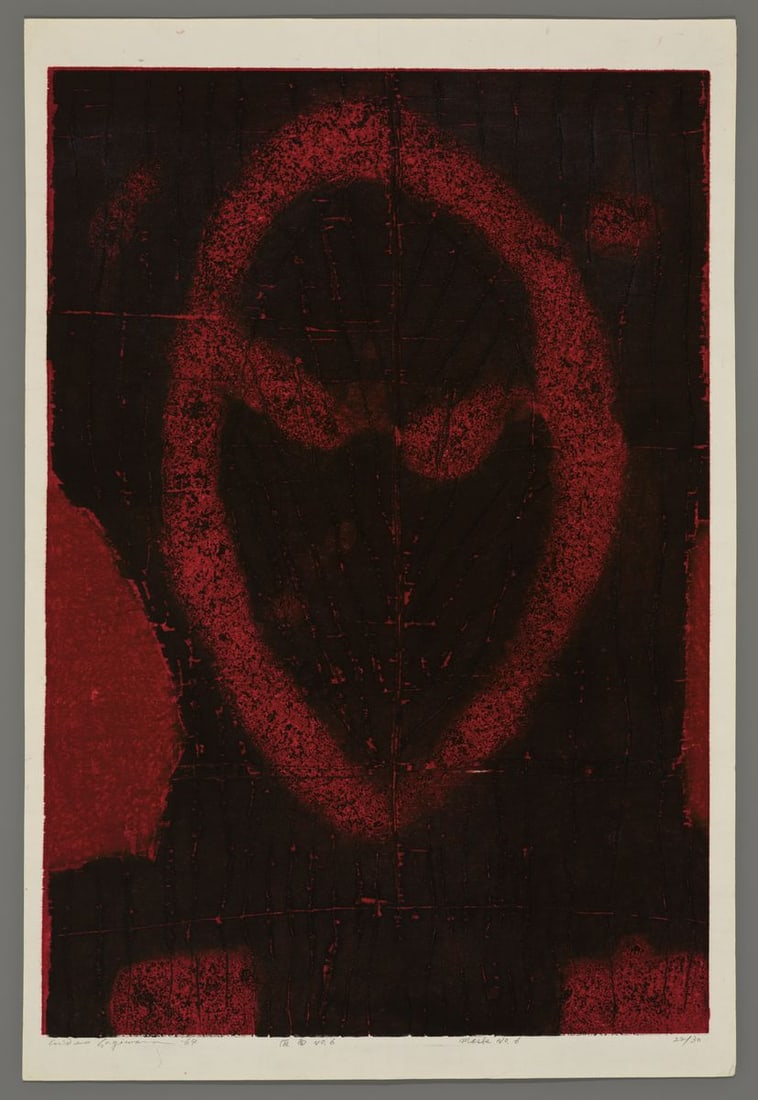 Hideo Hagiwara Woodblock - Mask No. 6: Artist: Hagiwara, Hideo, 1913-2007 Title: Mask No. 6 Edition: 22/30 Date: 1964 Medium: woodblock Image Size: 35 5/8 x 24 3/8 inches Notes: Embossing; mica highlights; pencil signature High resolution