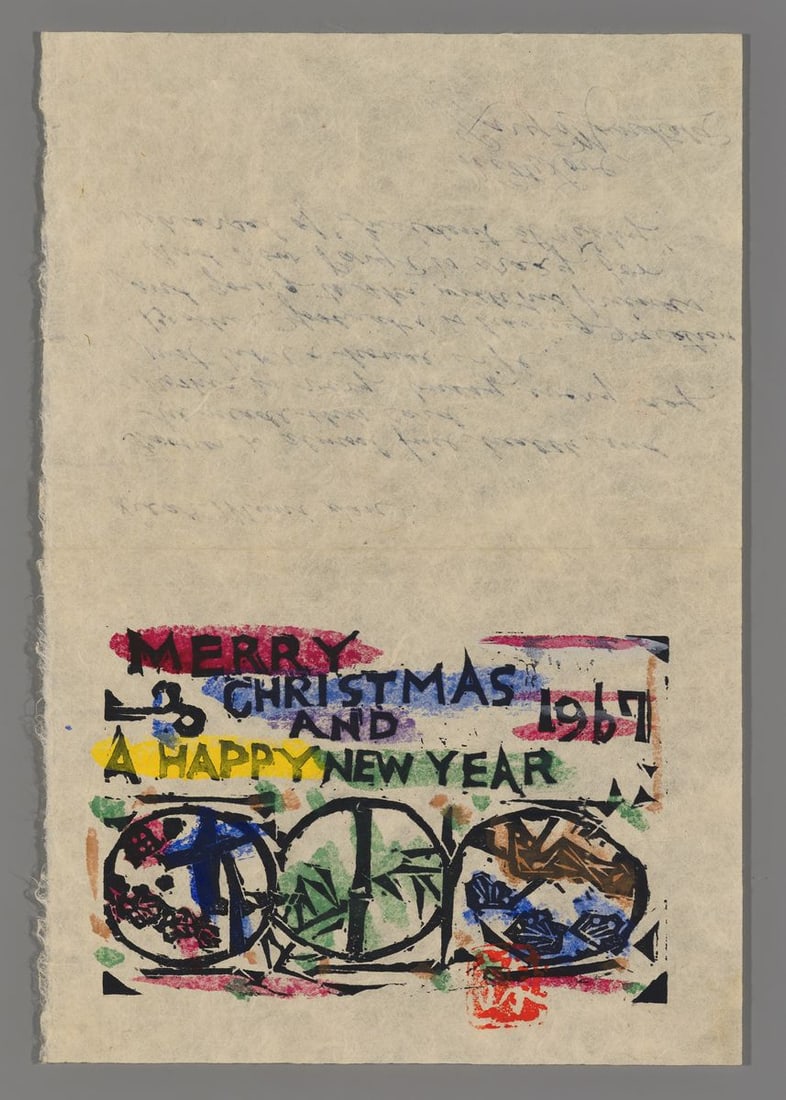 Shiko Munakata Woodblock - Holiday Card: Artist: Munakata, Shiko, 1903-1975 Title: Holiday Card Date: 1967 Medium: woodblock Image Size: 3 7/8 x 6 1/8 inches Notes: Munakata seal; personal note from the Munaka