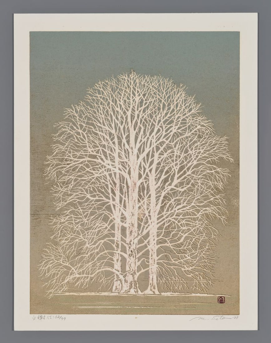 Morihiro Sato Woodblock - White Tree (I) (1 of 2)