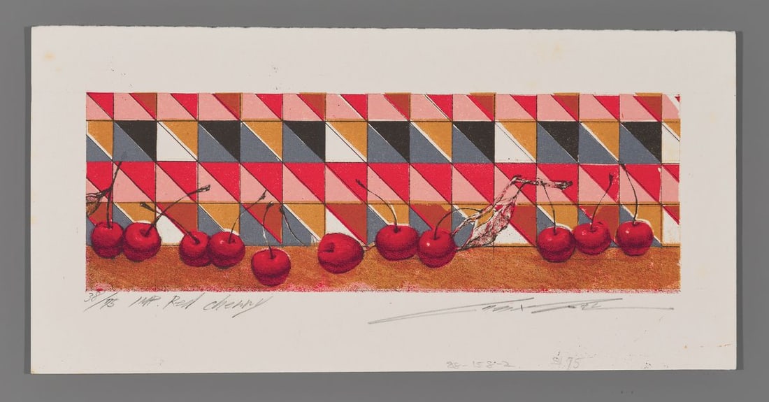 Osamu Shinomiya Etching - Red Cherry: Artist: Shinomiya, Osamu, b. 1935 Title: Red Cherry Edition: 38/75 Date: undated Medium: etching Image Size: 2 3/4 x 8 1/4 inches Notes: Pencil signature High resolution images available on request