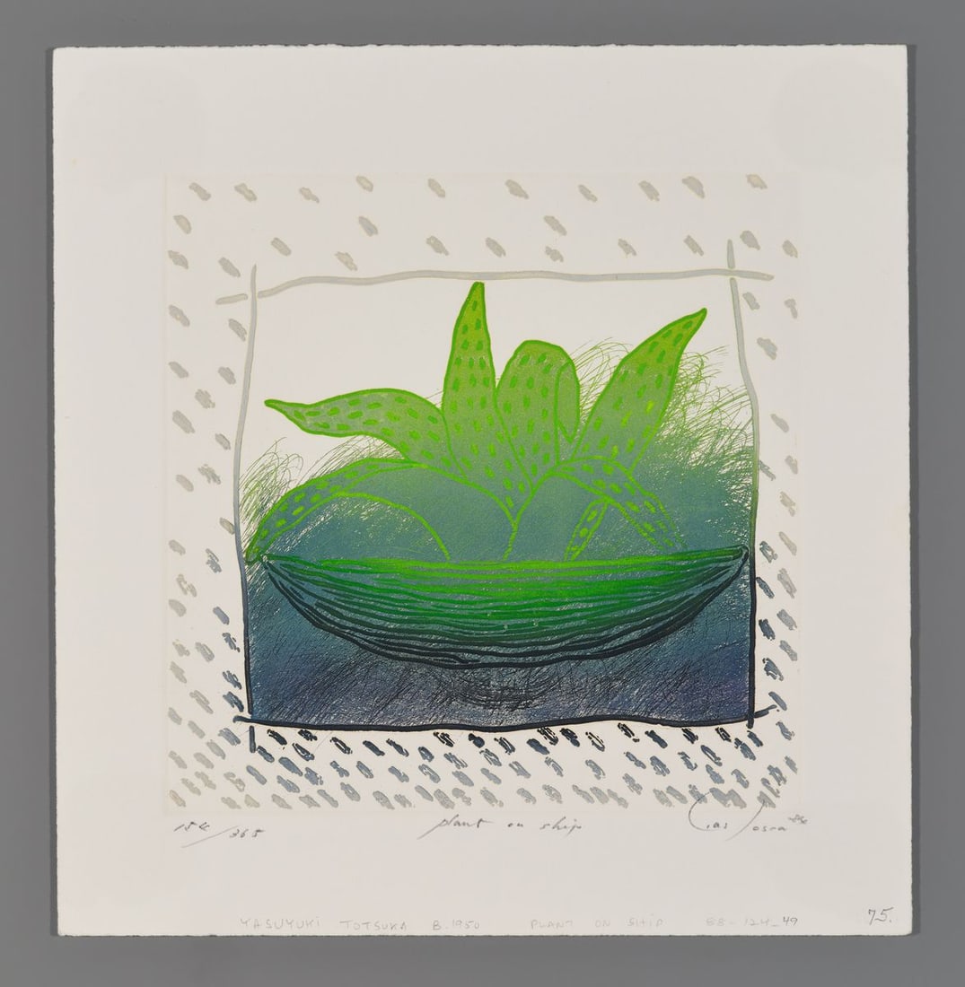 Yasukuki Totsuka Etching - Plant on Ship: Artist: Totsuka, Yasukuki, b. 1950 Title: Plant on Ship Edition: 154/365 Date: 1984 Medium: etching Image Size: 7 x 7 inches Notes: Pencil signature High resolution images available on request