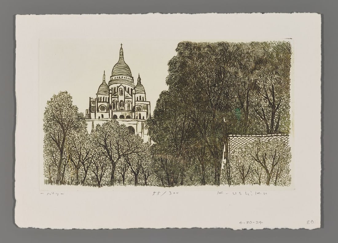 Kenji Ushiku Etching - Sacre-Cœur Basilica: Artist: Ushiku, Kenji, 1922-2012 Title: Sacre-Cœur Basilica Edition: 55/300 Date: undated Medium: etching Image Size: 5 1/2 x 9 1/4 inches Notes: Pencil signature High resolution images available on