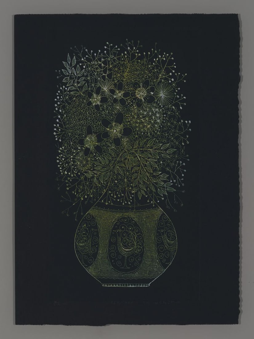Kenji Ushiku Etching - Vase and Flowers: Artist: Ushiku, Kenji, 1922-2012 Title: Vase and Flowers Edition: 162/200 Date: undated Medium: etching Image Size: 9 3/8 x 5 1/4 inches Notes: Pencil signature High resolution images available on
