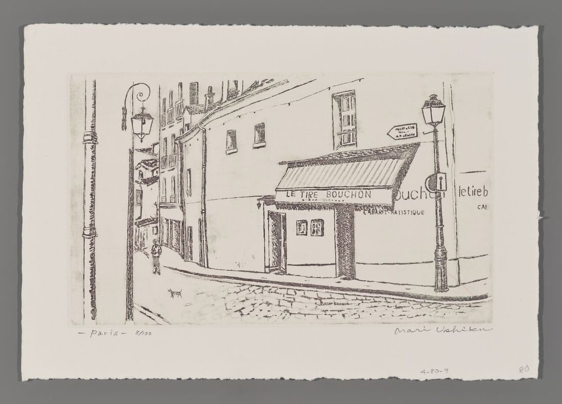 Mari Ushiku Etching - Paris: Artist: Ushiku, Mari Title: Paris Edition: 8/100 Date: undated Medium: etching Image Size: 5 1/2 x 9 1/4 inches Notes: Pencil signature High resolution images available on request