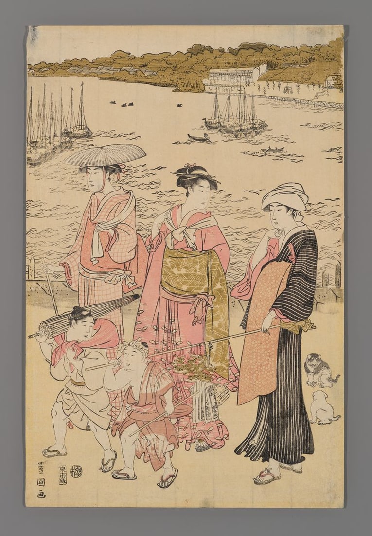 Utagawa Toyokuni I Woodblock - Women Walking on Beach (1 of 2)
