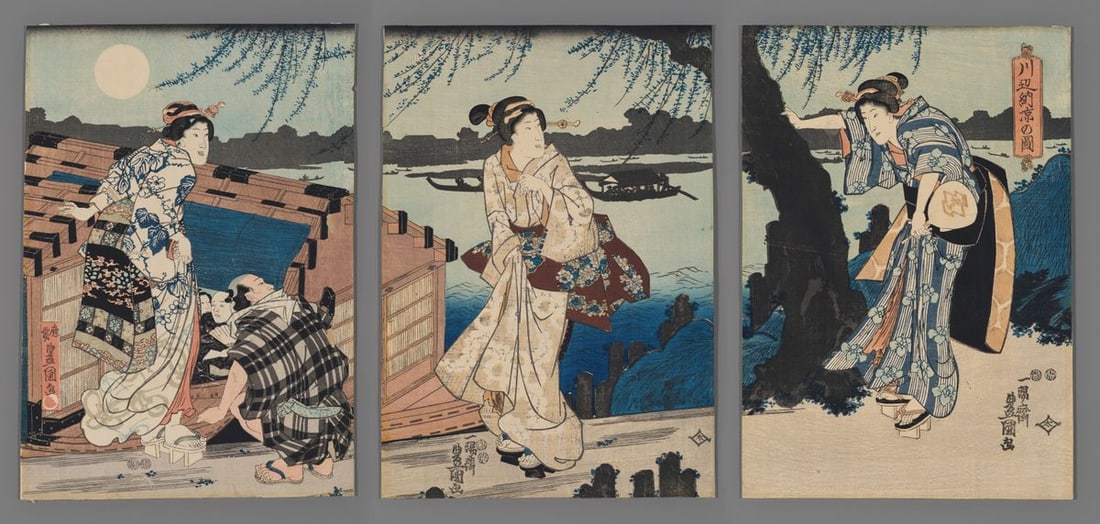 Utagawa Toyokuni III Woodblock - Enjoying the Evening Cool on the Riverbank (1 of 7)
