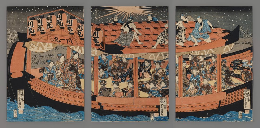 Utagawa Yoshikazu Woodblock - Pleasure Barge with Laborers on Roof: Artist: Yoshikazu, Utagawa, fl. 1850-1870 Title: Pleasure Barge with Laborers on Roof Date: c. 1840s Medium: woodblock Image Size: 14 1/8 x 28 1/4 inches Notes: Dimensi