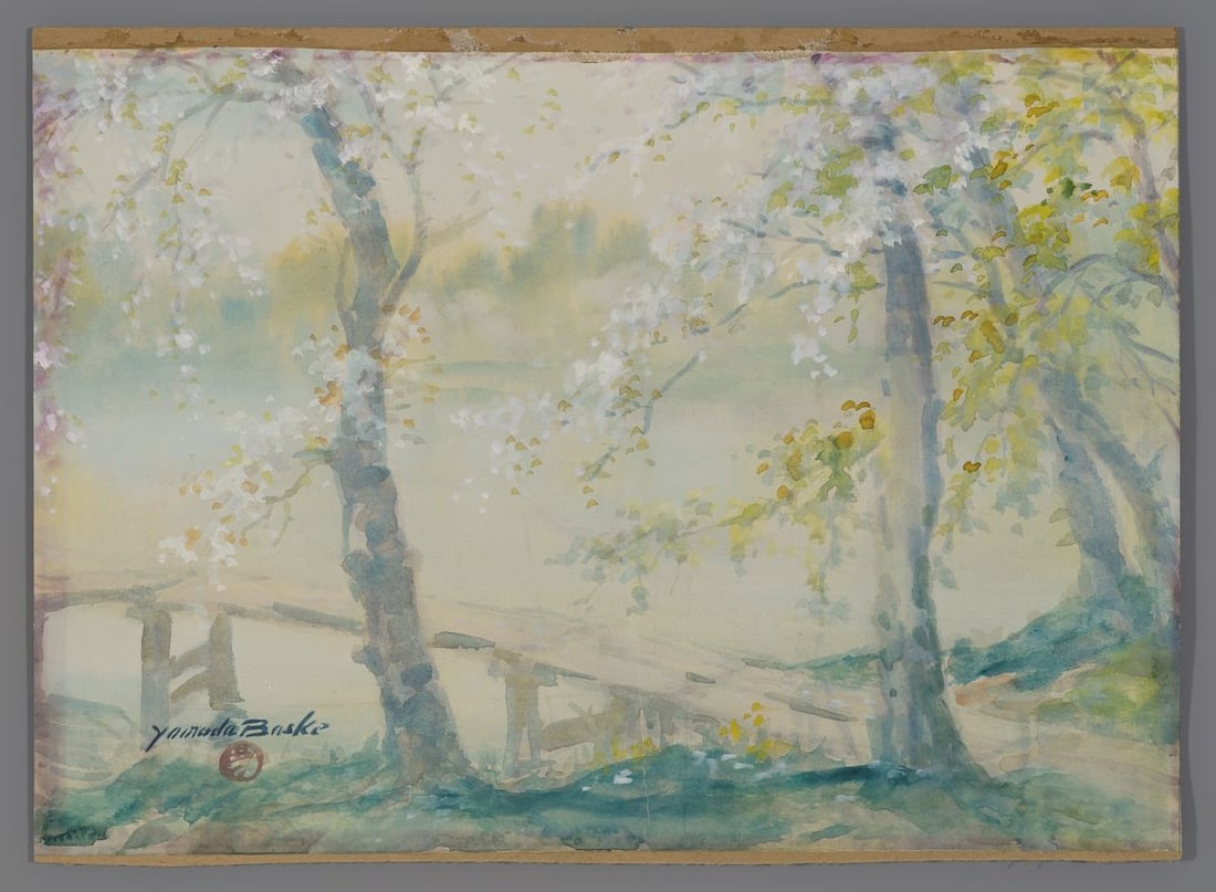 Yamada Baske Watercolor - Foot Path over Pond: Artist: Baske, Yamada, 1869-1934 Title: Foot Path over Pond Date: c. 1930 Medium: watercolor Image Size: 14 1/8 x 20 inches Notes: Brush signature High reso