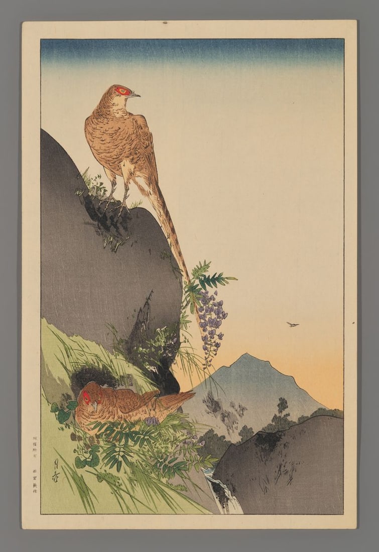 Yoshimoto Gesso Woodblock - Two Pheasants (1 of 2)