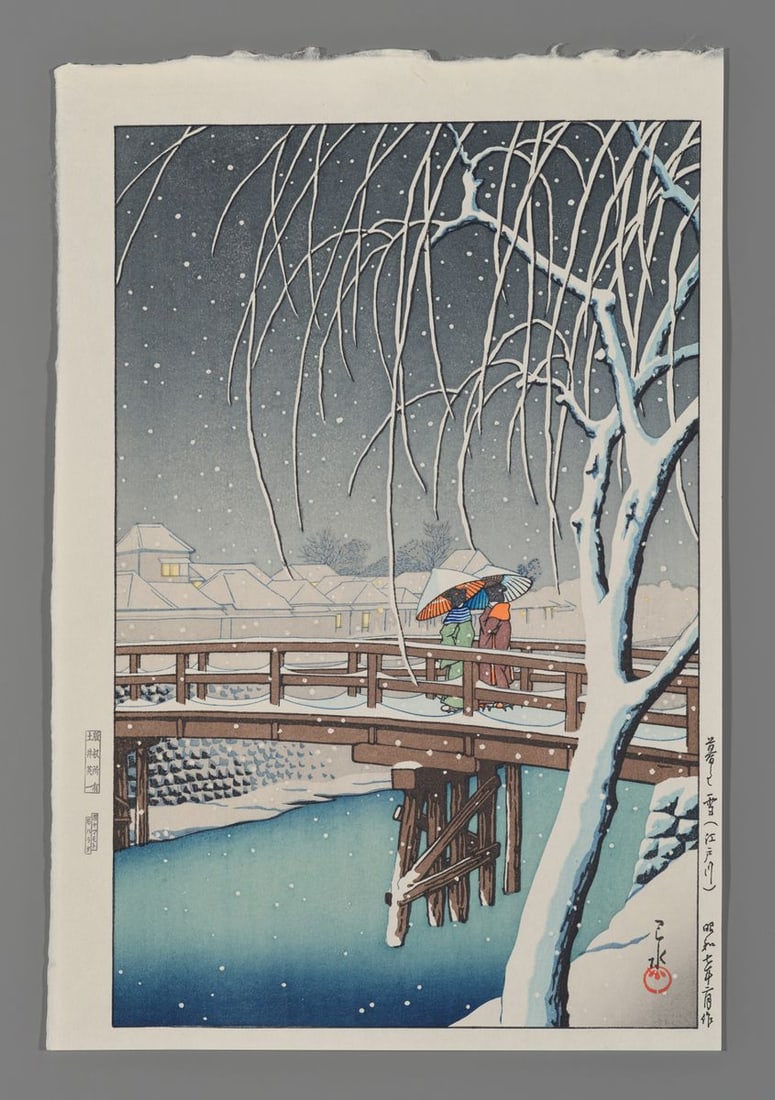Kawase Hasui Woodblock - Evening Snow, Edo River (1 of 2)
