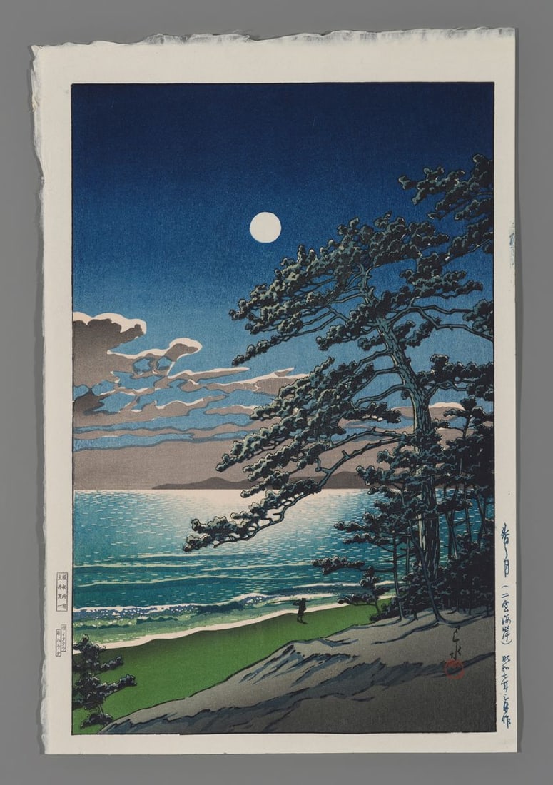 Kawase Hasui Woodblock - Spring Moon, Ninomiya Beach (1 of 2)