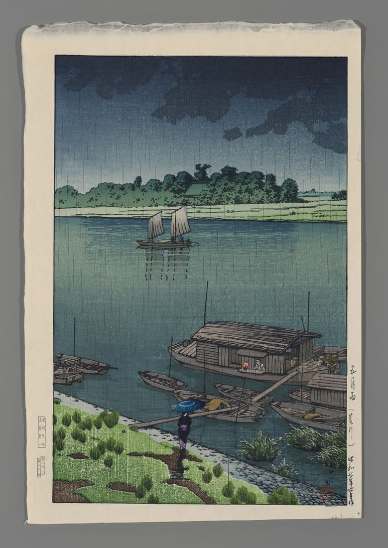 Kawase Hasui Woodblock - Early Summer Rain, Arakawa (1 of 2)