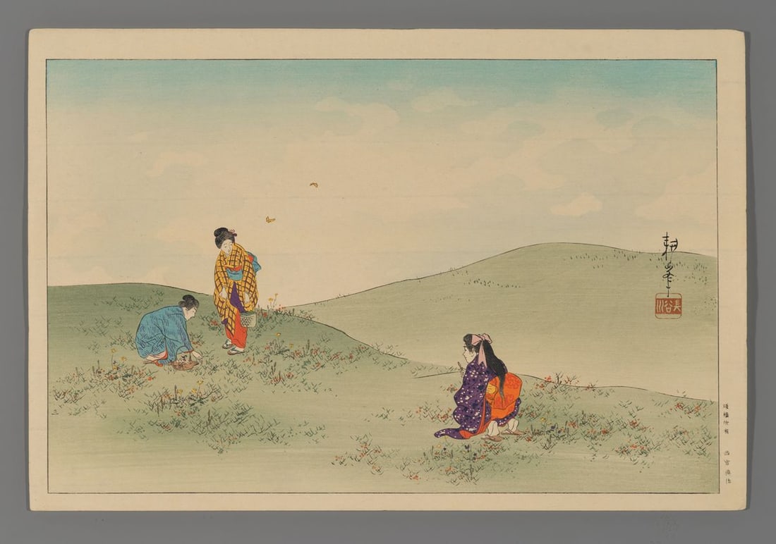 Shoda Koho Woodblock - Spring Picnic: Artist: Koho, Shoda, 1871-1946 Title: Spring Picnic Date: c. 1930s Medium: woodblock Image Size: 9 1/8 x 14 1/8 inches Notes: Published by Hasegawa/Nishinomiya