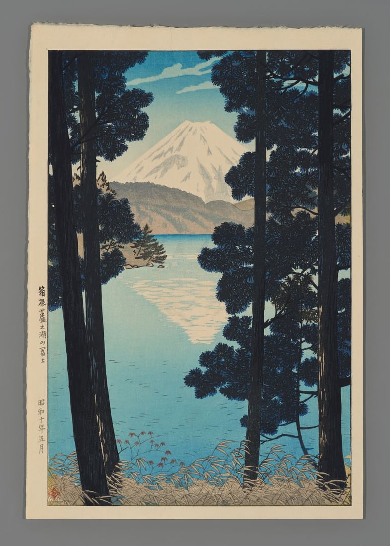 Kasamatsu Shiro Woodblock - Mt. Fuji from Lake Ashinoko at Hakone (1 of 2)