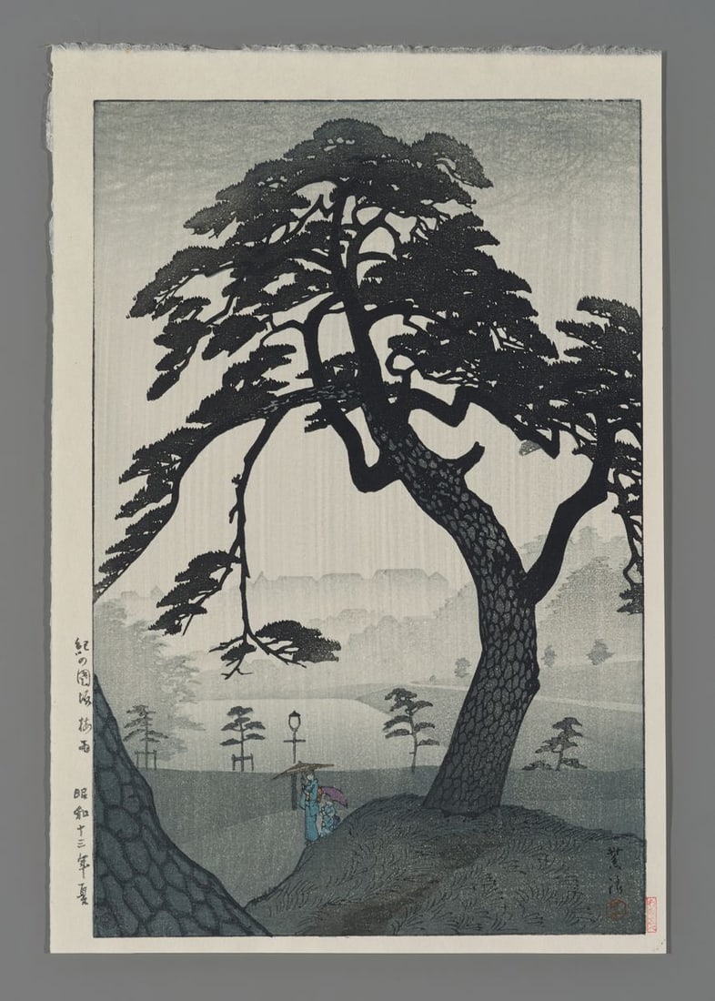 Kasamatsu Shiro Woodblock - Kinokunizaka in the Rainy Season: Artist: Shiro, Kasamatsu, 1898-1991 Title: Kinokunizaka in the Rainy Season Date: 1938 Medium: woodblock Image Size: 14 1/4 x 9 1/4 inches Notes: Published by The S. Wa