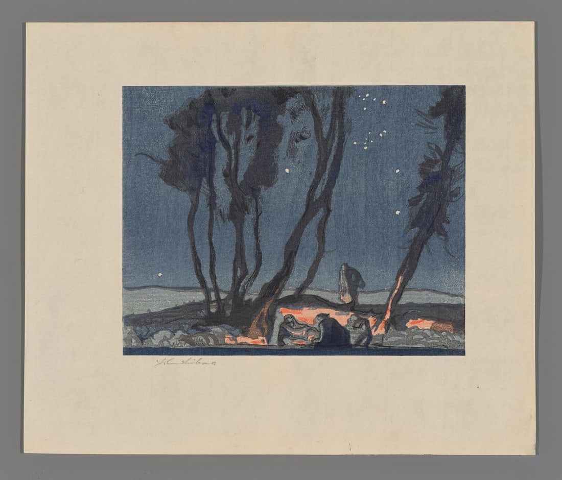 Mokuchu (Yoshijiro) Urushibara Woodblock - The Sheperd’s Watch: Artist: Urushibara, Mokuchu (Yoshijiro), 1888-1953 Title: The Sheperd’s Watch Date: 1924 Medium: woodblock Image Size: 5 1/2 x 6 7/8 inches Notes: Pencil signature