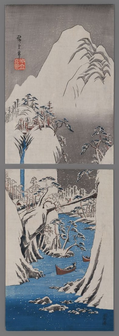 Ando Hiroshige Woodblock - The Fuji River in Winter: Artist: Hiroshige, Ando, 1797-1858 Title: The Fuji River in Winter Date: c. 1830s Medium: woodblock Image Size: 28 1/8 x 9 5/8 inches Notes: Dimensions shown are for di