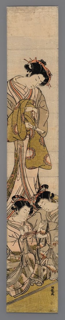 Isoda Koryusai Woodblock - Kamuro Playing Ayatori (Cat's Cradle): Artist: Koryusai, Isoda, fl. c. 1764-1788 Title: Kamuro Playing Ayatori (Cat's Cradle) Date: c. 1770s Medium: woodblock Image Size: 27 1/2 x 4 5/8 inches Notes: Sold at