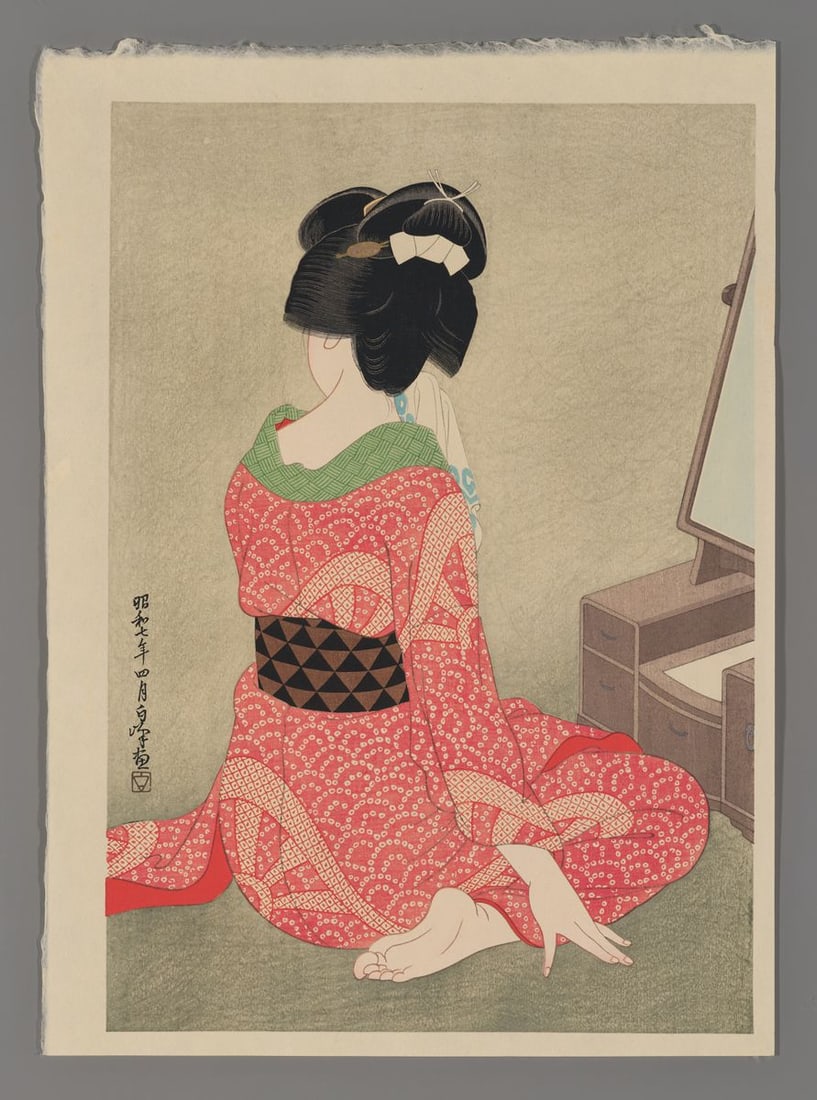 Hirano Hakuho Woodblock - Before the Mirror (1 of 2)