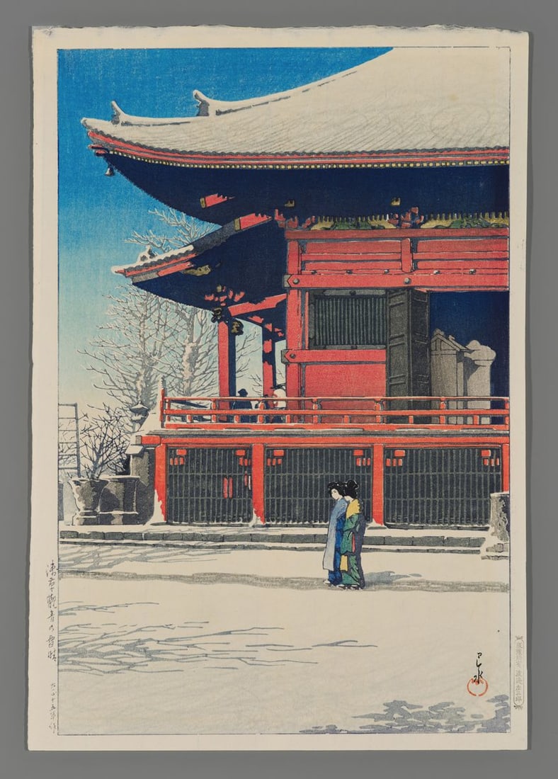 Kawase Hasui Woodblock - Clearing after Snowfall at the Asakusa Kannon Temple (1 of 2)