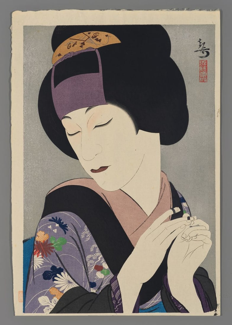 Yoshikawa Kanpo Woodblock - Actor Kataoka Gado as Miyuki (1 of 2)