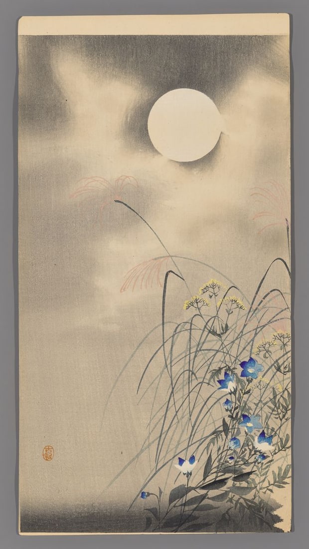 Ohara Koson Woodblock - Autumn Grasses, Flowers and Moon: Artist: Koson, Ohara, 1877-1945 Title: Autumn Grasses, Flowers and Moon Date: c. 1910 Medium: woodblock Image Size: 13 3/4 x 7 3/8 inches Illustrated: CCC, pl. K43.5 Notes: Published by Daikokuya