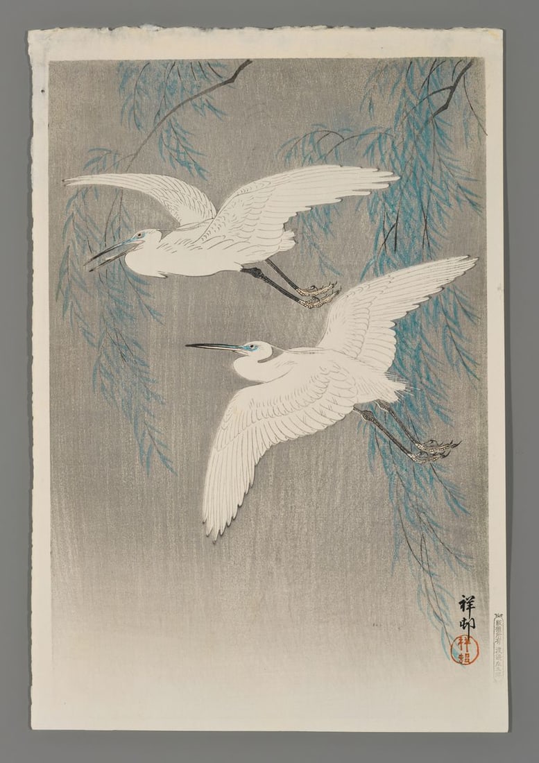 Ohara Shoson Woodblock - Egrets in Rain: Artist: Shoson, Ohara, 1877-1945 Title: Egrets in Rain Date: 1926 Medium: woodblock Image Size: 14 1/4 x 9 1/2 inches Illustrated: CCC, pl. S14.6 Notes: