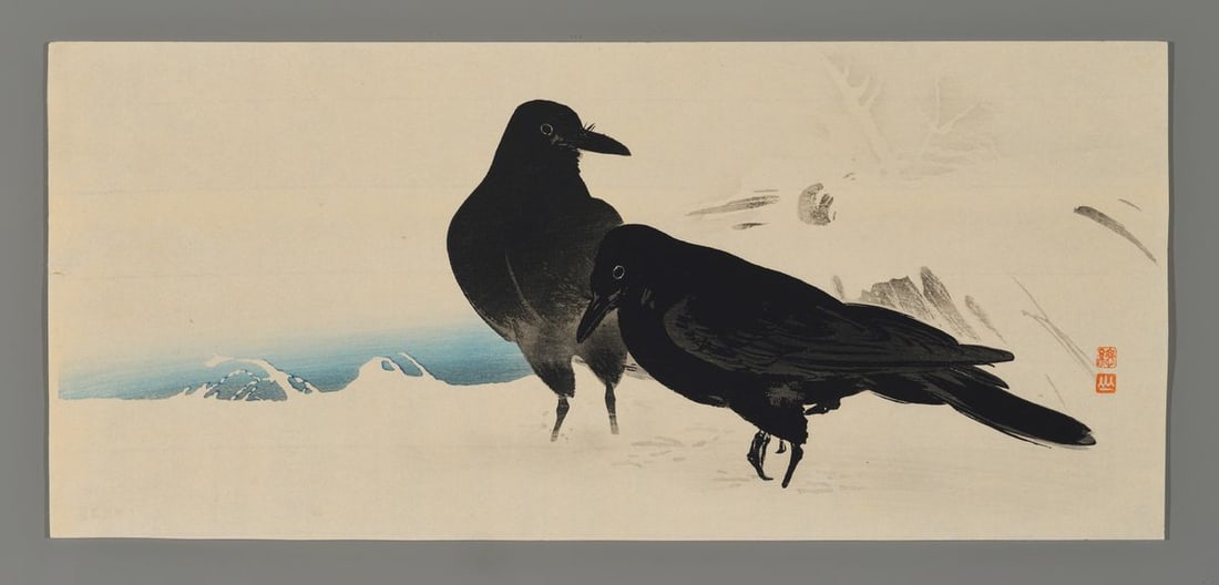 Ito Sozan Woodblock - Two Crows on Snow: Artist: Sozan, Ito, 1884-? Title: Two Crows on Snow Date: c. 1920 Medium: woodblock Illustrated: Itosozan.com, pl. TA-19 Notes: Mica highlights; published by The S. Wat