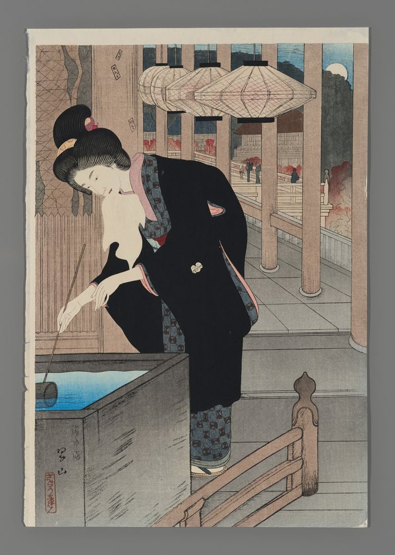 Miki Suizan Woodblock - Visiting Kiyomizu Temple: Artist: Suizan, Miki, 1887-1957 Title: Visiting Kiyomizu Temple Date: 1924 Medium: woodblock Image Size: 15 3/8 x 10 5/8 inches Notes: Embossing; published by Sato Shot