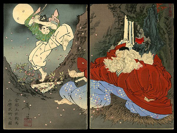 Taiso Yoshitoshi Woodblock: Title: Sojobo Instructs Yoshitsune in the Sword Artist: Yoshitoshi, Taiso, 1839-1892Date: 1886Medium:
