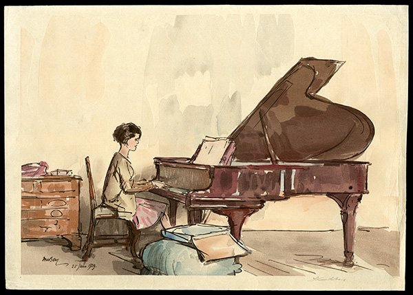 Mokuchu (yoshijiro) Urushibara Woodblock: Title: Young Girl at the Piano (after J.McBey) Artist: Urushibara, Mokuchu (Yoshijiro), 1888-1953 Date: 1929 Mediu