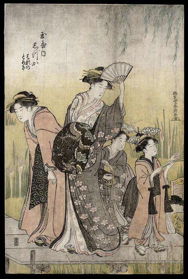Katsukawa Shuncho - Woodblock: Artist: Shuncho, Katsukawa, fl. 1780-1795 Title: Courtsans in Iris Garden Date: ca. 1790 Medium: woodblock Dimensions: 15 x 10 inches Notes: Large, full uncut sheet; ce