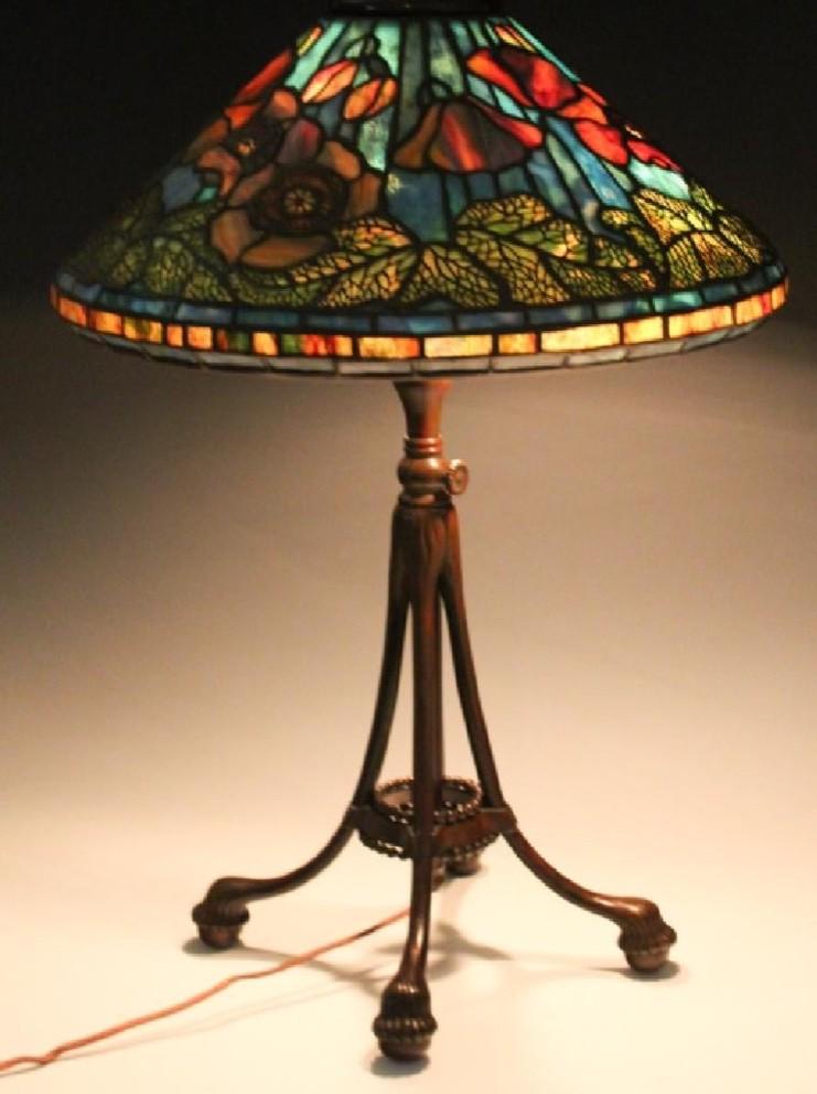 Tiffany Studios Poppy Stained Glass Lamp and Base: This beautiful piece came in so dirty, we cleaned it to its original beauty, and the colors became so much more intense. All Patinas are in tact and in great shape. Just a couple of single small crack