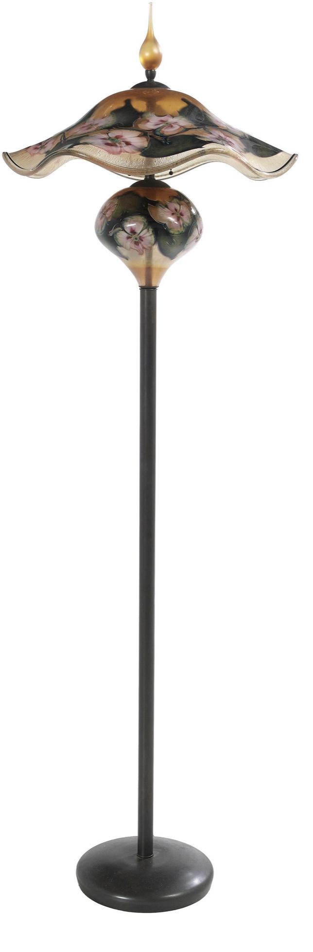 Original signed "Charles Lotton" floor lamp: This piece is an original signed and dated Charles Lotton 2002 floor lamp. Blown glass shade with peach to champagne background and layered pink to cranberry flowers, deep green leaves, ruffed edge wi