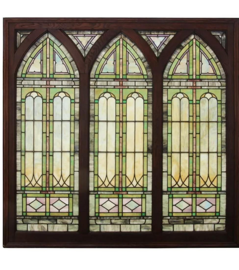 Antique Leaded Glass Window in Oak Frame/ 3 Part (1 of 3)